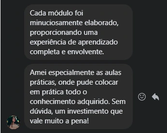 Depoimento de aluna sobre os módulos e aulas práticas