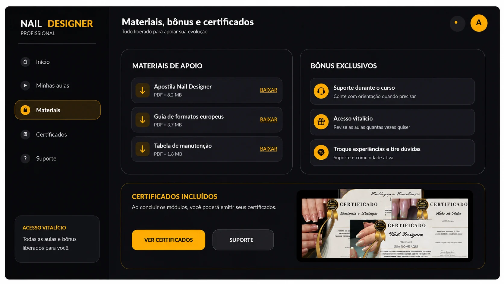 Tela de materiais, bônus e certificados na área de membros